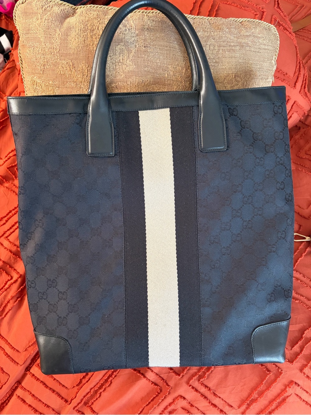 Gucci Navy Canvas Messenger Bag with Center Cream Stripe